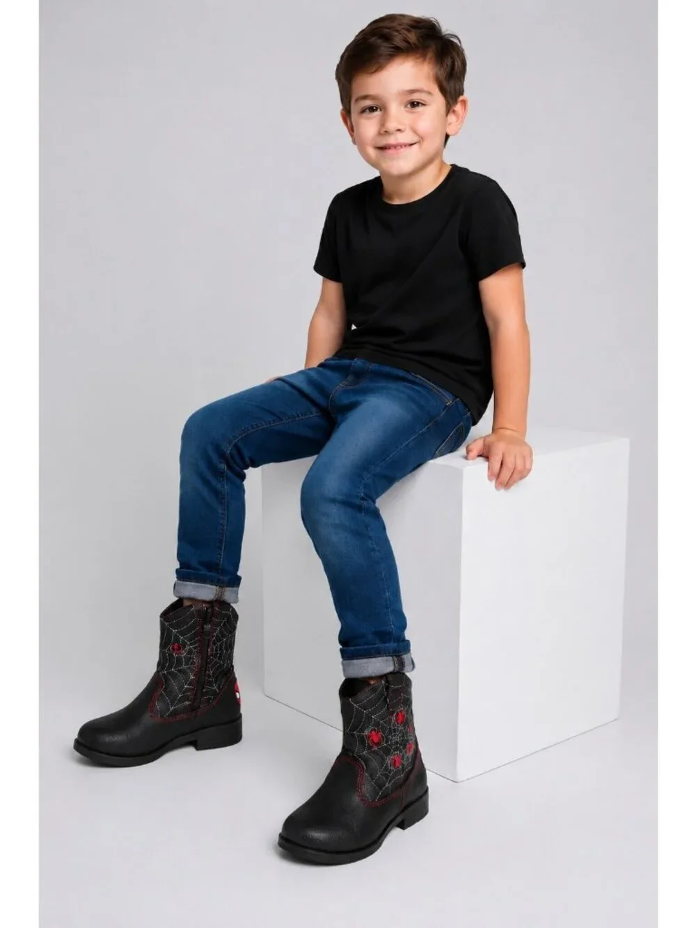 Marvel Spider-Man Kids Black Cowboy Boots W/ Red Spider Web Design Size 8